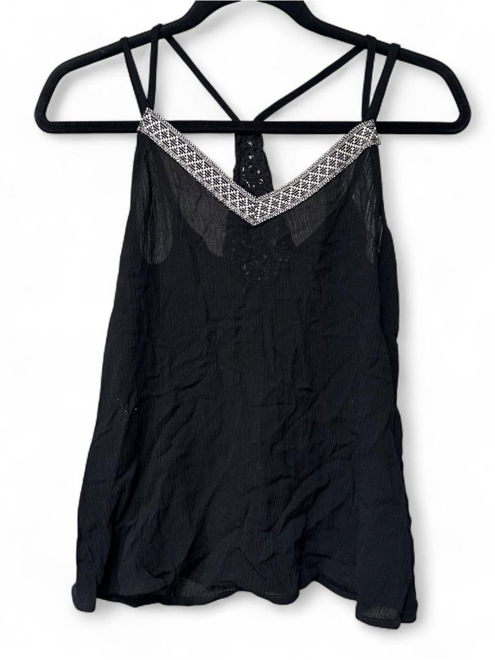 Black Embellished Strappy Crochet Back Tank Top XS NWT